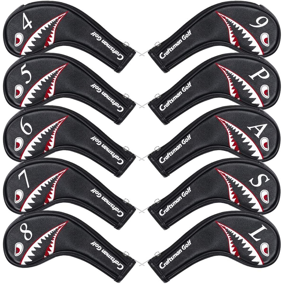CRAFTSMAN Golf iron cover head cover set, 10 pieces, 4-9, P, A, S, L, numbers on both sides, for both left and right hands, shark pattern, long neck, fastener closure, synthetic leather, black