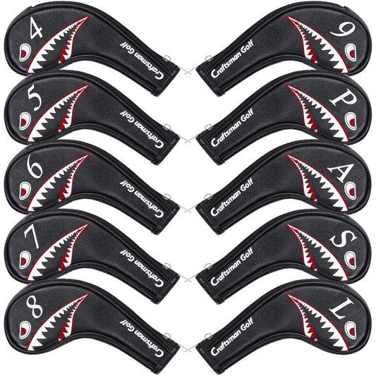 CRAFTSMAN Golf iron cover head cover set, 10 pieces, 4-9, P, A, S, L, numbers on both sides, for both left and right hands, shark pattern, long neck, fastener closure, synthetic leather, black