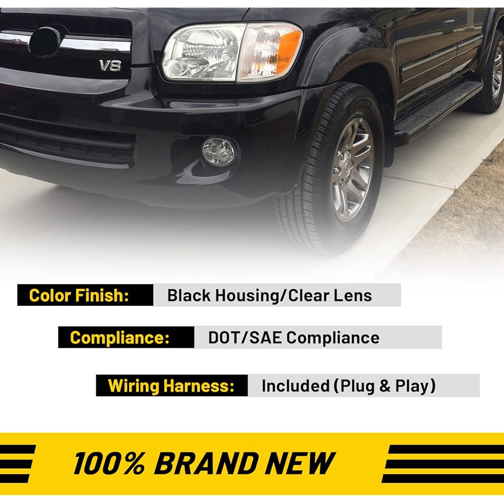 AutoFree Fog Light 2000-2006 For Toyota Tandra (not suitable for steel front bumper models) 2001-2007 With Sequoia Light bulbs 9006 12V 51W 51W Drying Lamp replacement attached wiring kit & switch 1 set (clear lens)