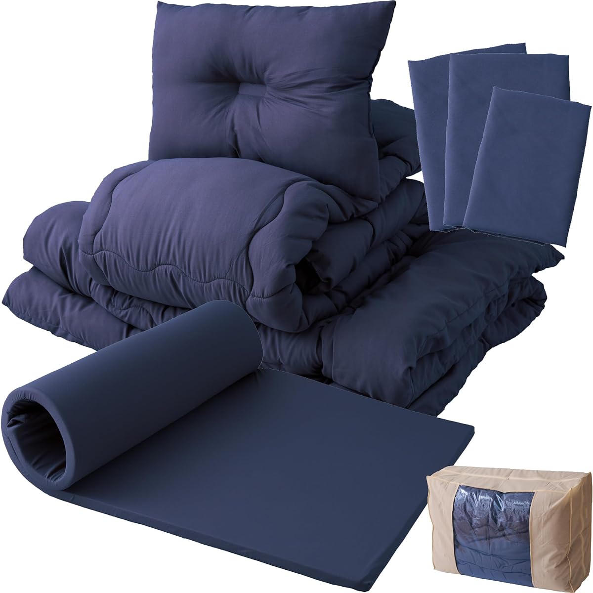 Nice Day Futon Set Mattress & Washable Futon 8 Piece Set (High Resilience Mattress, Comforter, Futon, Pillow, Storage Bag, Each Cover) Single (Futon) Navy (Cover) Navy (Mat) Navy 60850107