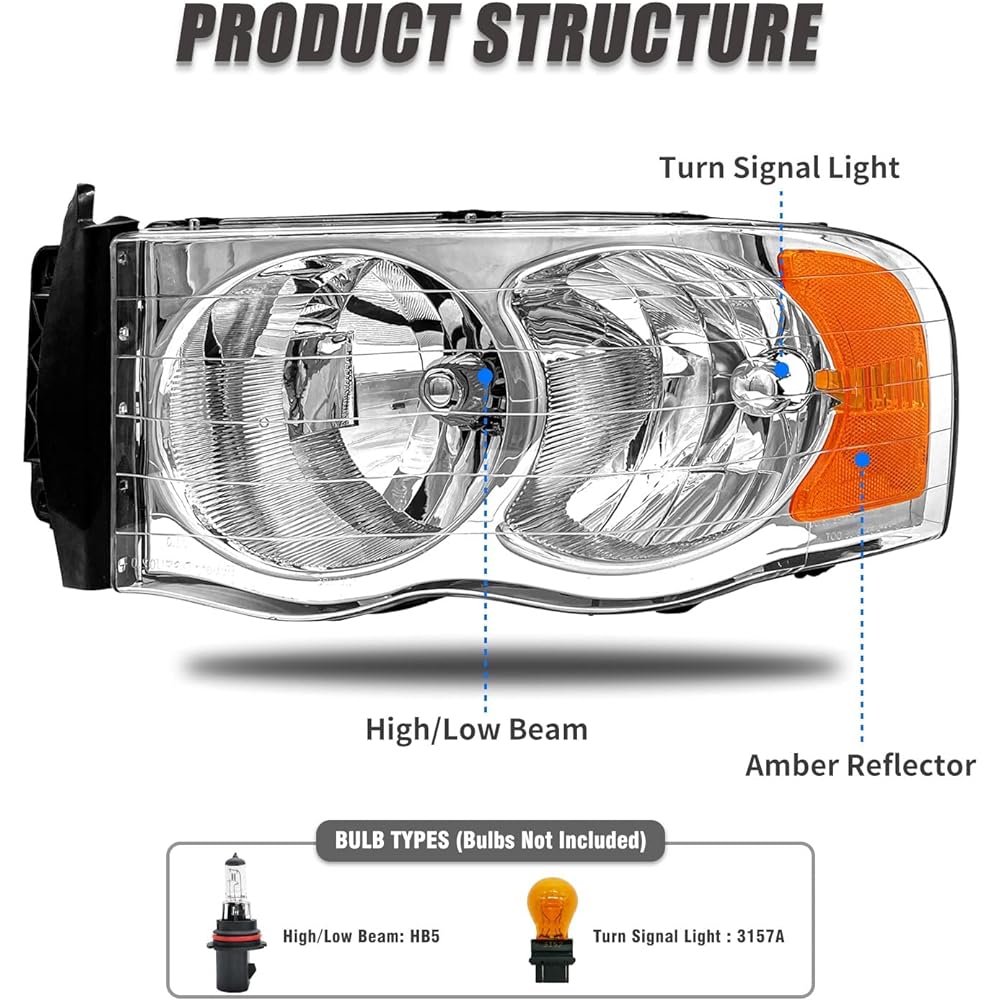 Adcarlights Headlight Assemblies 2002-005 type Dodge Lamp Pickup Truck Crom Housing Amber Reflector Clear lens headlamp replacement left and right
