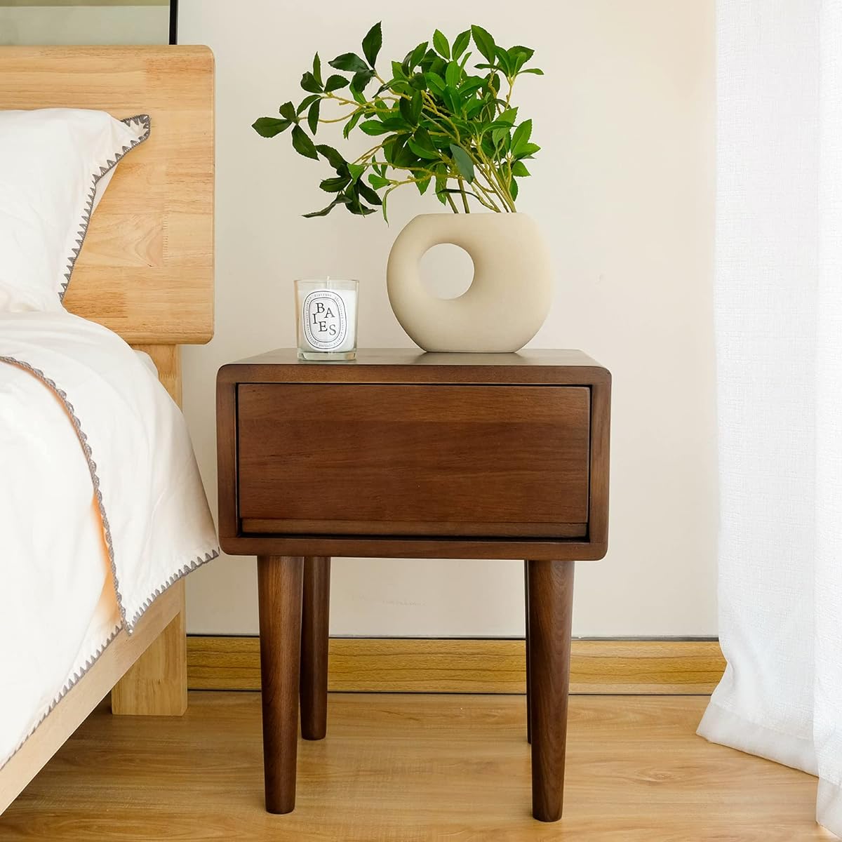 Cozeelife Side Table, Cabinet, Night Table, Oak Wood, 1 Drawer, Wooden, Oak, Easy to Assemble, Next to the Bed, Storage Around the Bed, Scandinavian, Stylish, Modern, Walnut Color, Width 35cm x Depth 40cm x Height 50cm