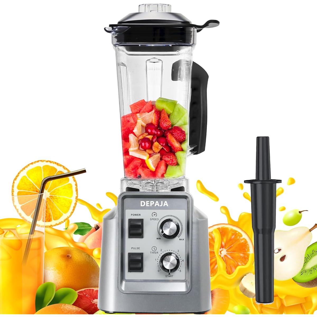 DEPAJA Mixer Large Capacity Commercial Use Blender Multifunctional with Minute Timer 2L Large Capacity 48000RPM High Output Blender Overheat Protection Washable Easy to Operate Smoothie Soy Milk Juice Soup Flour Vegetable Fruit Juicer Ice Crusher Smoothi