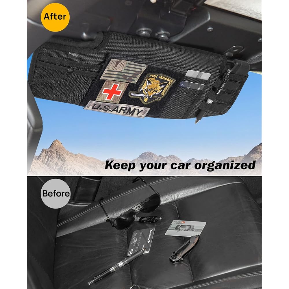 QMPARTS Sun Visor Organizer Up Grade Wrangler JL & JT 2018-2023 Supported Leading Seat Front Tactical Visor Storage Cover MOLLE Webbing Visor Storage Holder Porch Multi Pocket Net Fastener