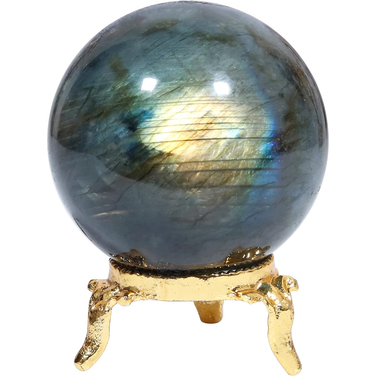 Crocon Labradorite Crystal Sphere and Metal Stand Gemstone Sphere Healing Ball Sculpture Feng Shui Fortune Telling Figurine Home Decor Size: 55-65 mm