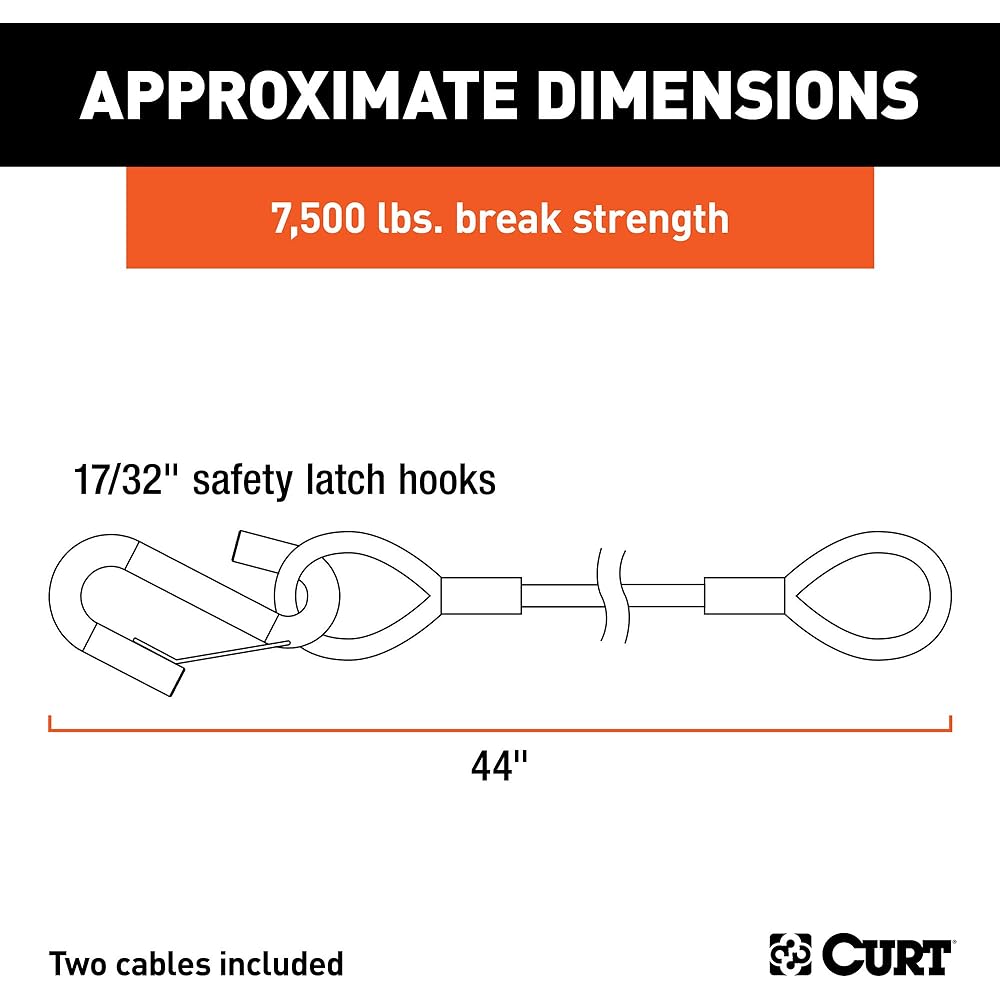 Curt 80176 44 inch vinyl coating trailer safety cable 17/32 inch snap hook destructive strength 7,500 pound 2 packs