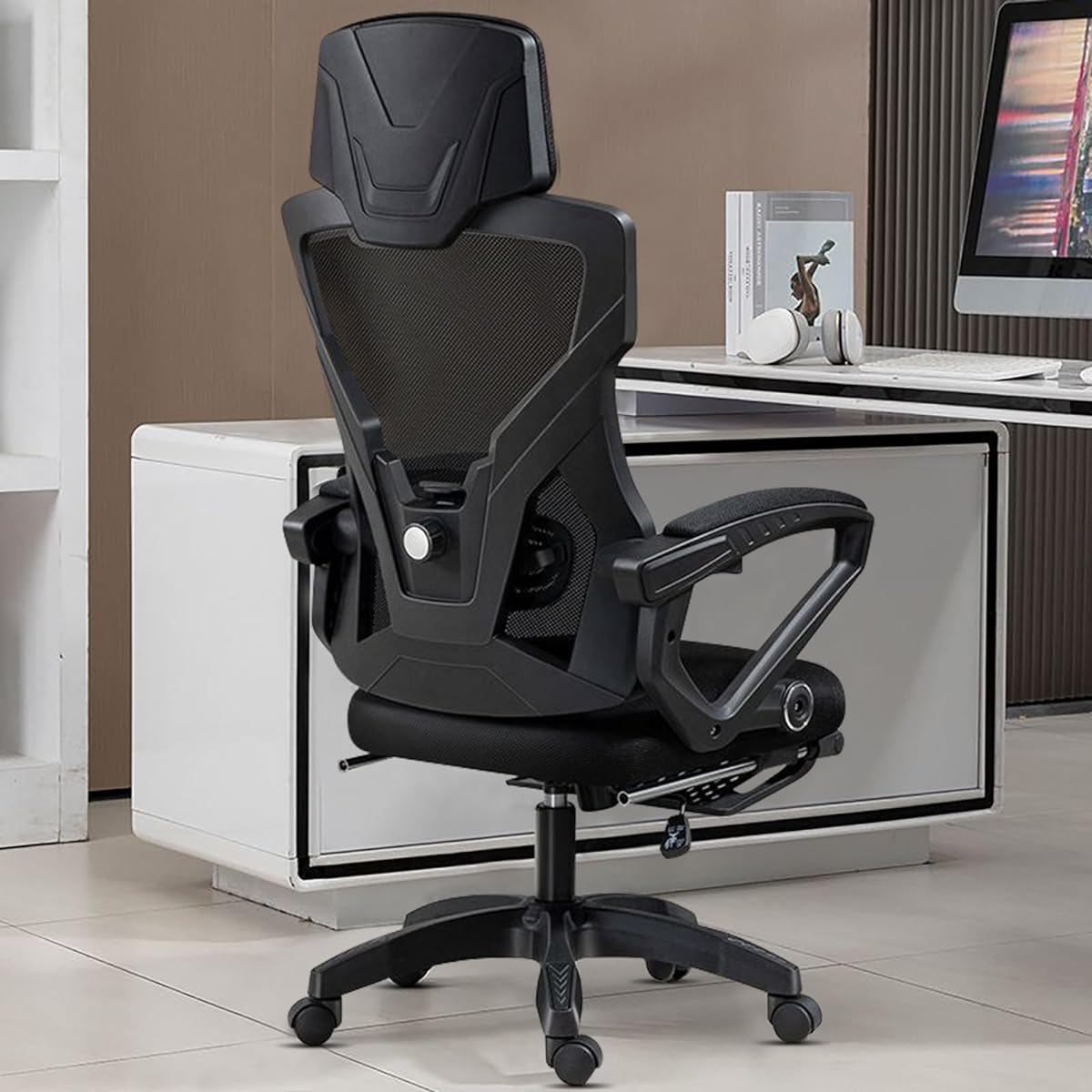 EdoErgo Office Chair, Desk Chair, Telework, No Tires, Reclining Rocking Chair, Lumbar Support, Breathable Mesh, PC Chair, Ergonomic, High Resilience Cushion, with Casters, Storage, Chair, Popular, Stylish, H-WY20 (Gray)