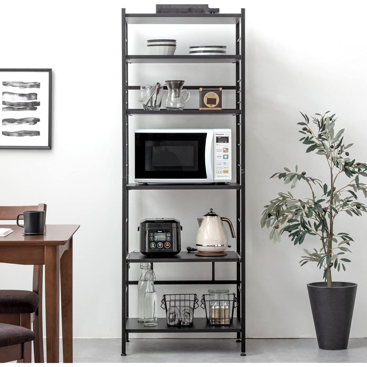 Tansu no Gen Range Rack, Width 60cm, Compatible with Large Ranges, Height 168.5cm, Height Adjustable, Sliding Shelf, Stovetop, Kitchen Wagon Rack, Kitchen Rack, Open Rack, Slim, Stylish, Black 49200001(81622)