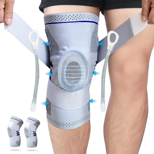 RESLTALY Knee Support, Set of 2, Sports, Injury Prevention, Joint Protection, Fixed Knee Pad, Pressure Type, Unisex, Includes Auxiliary Belt (Gray, M)