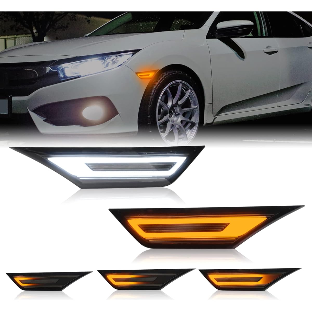 MyNOWAY Front Sacial LED Winker Light replacement Civic Coupe/Hatchback/Sedan 2016-2021 Dynamic Side Marker Fender Driving Lamp Amberside Indicator & White Position Lamp Smoke Lens