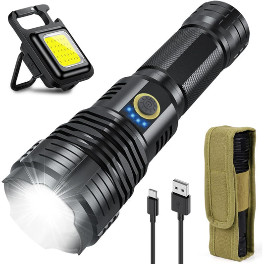 xhp70.2 Explosive Flashlight LED Powerful Military Strongest 10000 Lumens Super Bright Flashlight USB-C Rechargeable LED Flashlight IPX5 Waterproof 5 Light Modes Zoomable Handy Light Camping Climbing Hunting Supplies Disaster Prevention Self-Defense Good