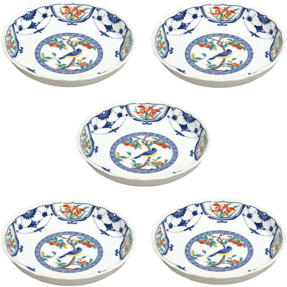 Kutani ware, Seikou kiln, No. 6 plates set (set of 5), dyed embossed flower and bird SK-041, porcelain, made in Japan, diameter 19cm