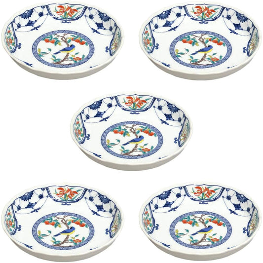 Kutani ware, Seikou kiln, No. 6 plates set (set of 5), dyed embossed flower and bird SK-041, porcelain, made in Japan, diameter 19cm