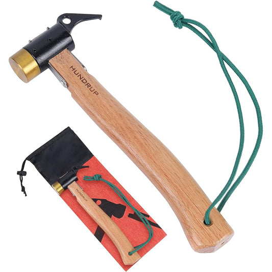 [Reinforced Brass Head] HUNDRUP Peg Hammer, Tent Hammer, Wooden Handle, Fits in the Palm of Your Hand, Safe, Peg Hitting, Peg Removal, Storage Bag Included, Outdoor Touring, Camping, Setup Tools, For Tents, Mountain Climbing