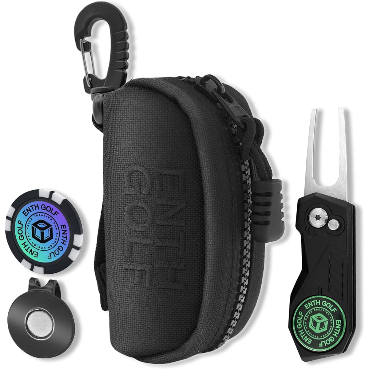 ENTH 1000D High Durability Nylon Golf Ball Case [For 2] Openable Green Fork Golf Marker Hat Clip Set of 4