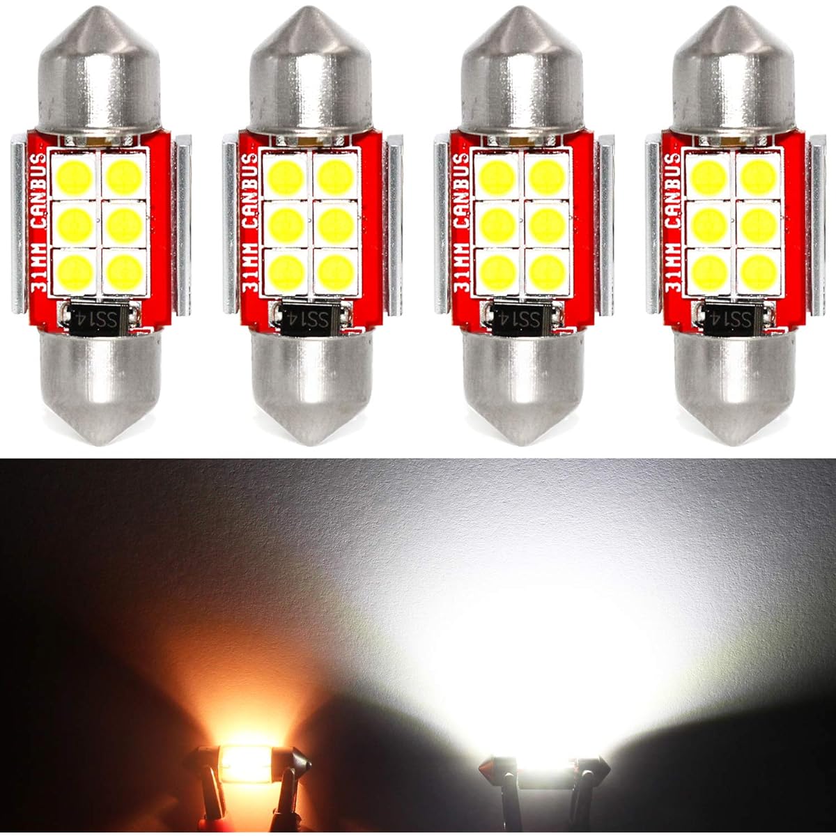 PHINLION Super Rubber DE3175 LED White Light Bulk 500 Lumen 3030 6-SMD Festival 1.25 inch 31mm DE3021 DE3021 LED bulb car Map Dome Cartesie Numbers Plate Light 4 Pack
