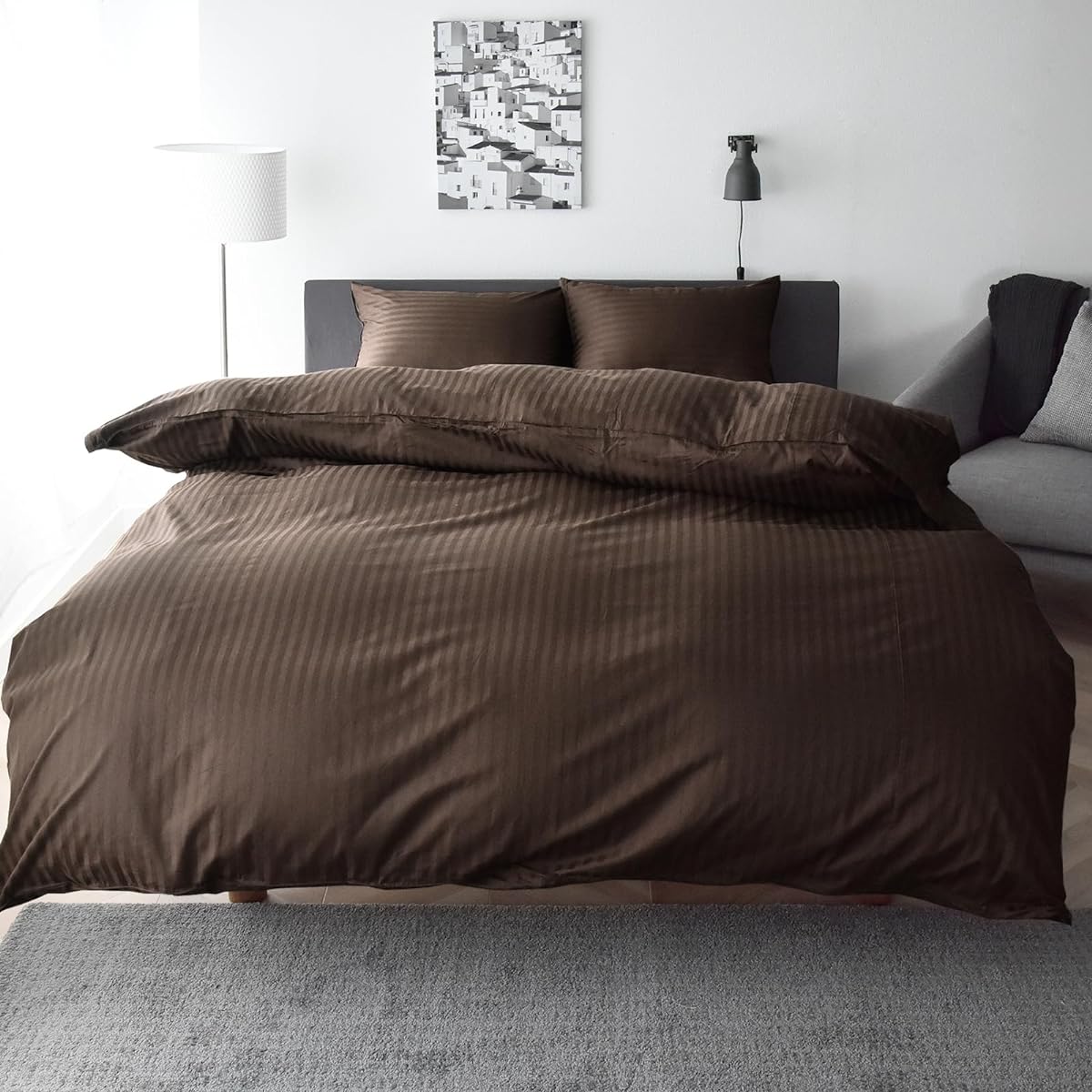 Sleep Tailor Made in Japan Duvet Cover Set, Double, 4 Piece Set, Dust Mite Resistant, 100% Cotton, Satin Stripe, 315 High Density Fabrics, Duvet Cover, Fitted Sheet, 2 Pillowcases, Scandinavian Stylish Etoile (Double, Chocolate Brown) [ST]