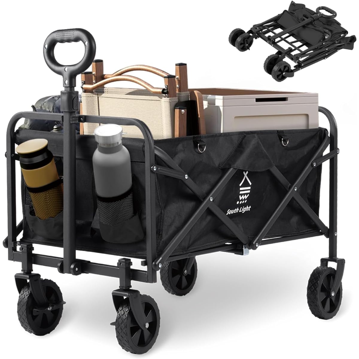 SAITOU Carry Wagon Mini Outdoor Wagon Large Capacity 58L Load Capacity 80kg Camping Cart Foldable Carry Cart Compact Lightweight Camping Cart Front Wheels Rotate 360° 4 Wheels One-Touch Convergence Type Outdoor Carry Easy to Assemble Storage Pocket Sport