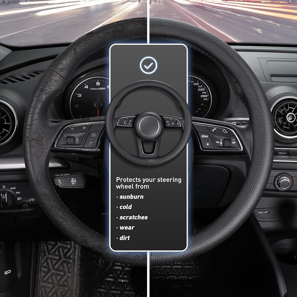 SEG Direct Steering Wheel Cover Auto Steering Wheel Cover Anti-Slip Microfiber Leather for Outer Diameter 35.5-36cm Black