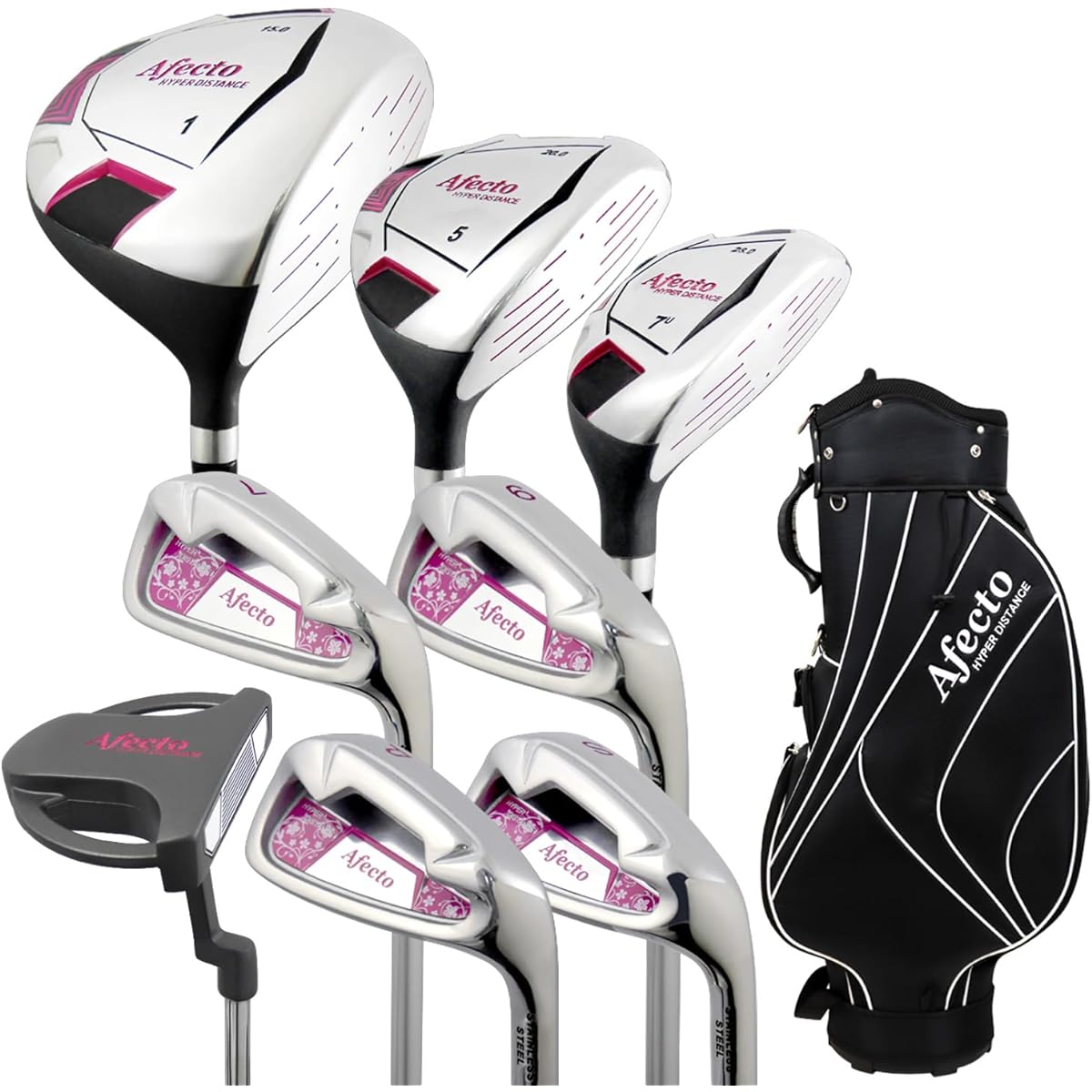 Right-handed Afecto Women's Golf Club Set with Selectable Caddy Bag, 8 Piece Set (1W/5W/7U/7I/9I/PW/SW/Putter) L Shaft