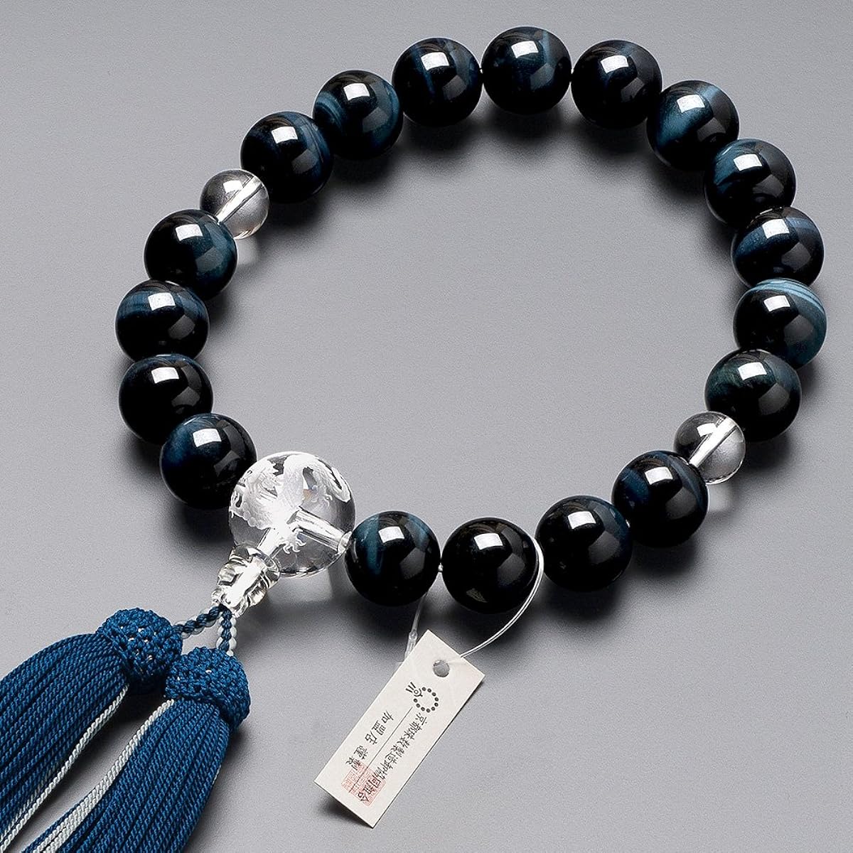 [Buddhist Altar Shop Takita Shoten] Kyoto Prayer Beads for Men, Blue Tiger Eye Stone, Dragon Carved Crystal, 18 Beads, Pure Silk Head Tassel, Bead Bag Included, Can Be Used by All Sects, Certificate Included