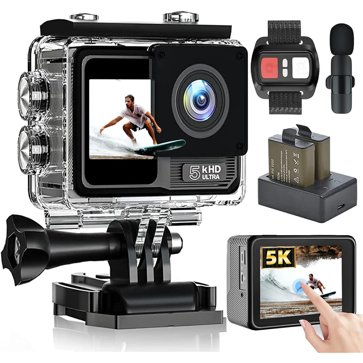 Action Camera, Wireless Microphone Included, 30 Fps, 24 MP, 5K Action Camera, EIS, 6-Axis Image Stabilization, Touch Panel Type, Front/Rear Dual Screen, Action Cam, IPX8, Waterproof, 40M Underwater