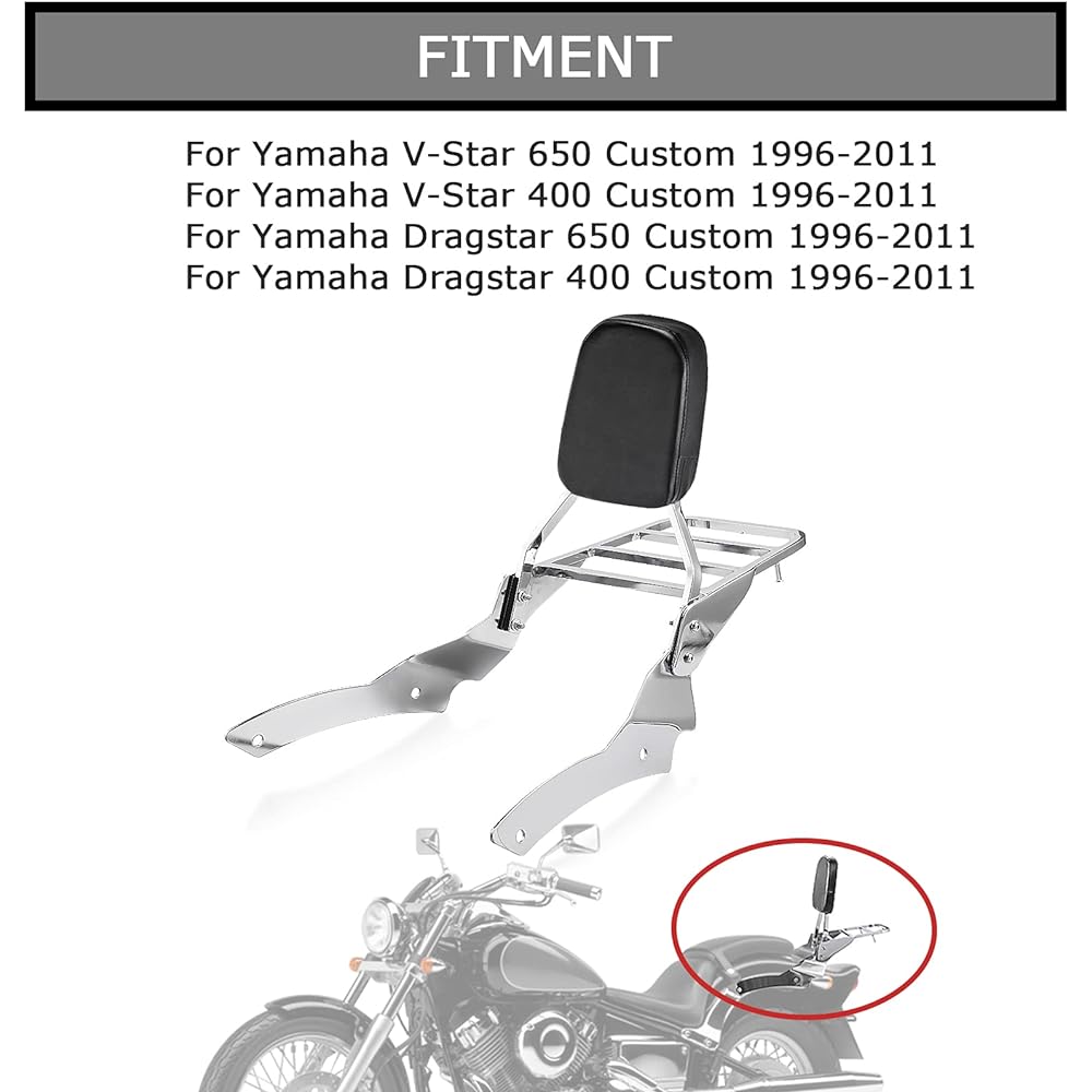 Chrome backrest seabar luggage rack with backrest pad Yamaha V-STAR 650 400 Custom 1996-2011