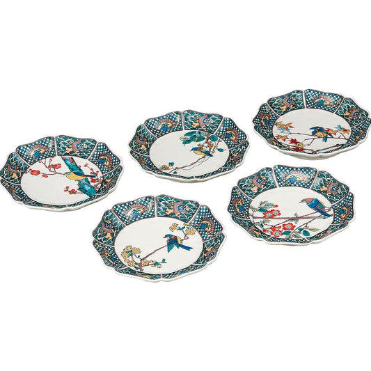 Japanese tableware, Kutani ware, set of 5 small plates, flower and bird pictures, AK5-0109