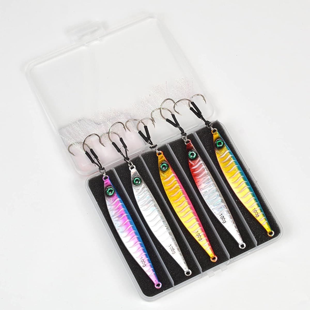 Tolure Fishing Jig 5 Colors 40g 60g 80g 100g Laser Foil Paper Luminous Jig Set Mackerel Flounder Bluefish Red Snapper Yellowtail Grouper Seabass Root Fish Horse Mackerel with Hook Metal Jig 5 Pieces/Set
