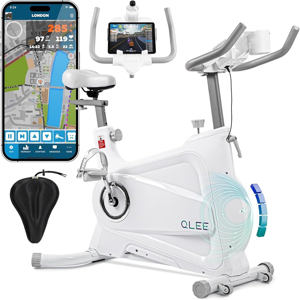 QLEE 7th Generation Fitness Bike [ZWIFT App Linked] Spin Bike Aero Bike Home Use Ultra Quiet Indoor Bicycle Training [5 Year Warranty] Training Bike Diet Equipment Magnetic Easy Assembly Saddle Cover Included (White)