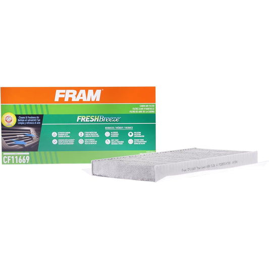 Fram Fresh Breeze Cabin air filter replacement car passenger seat compartment arm and hammer baking soda Easy to install CF11669 Some serve vehicles White