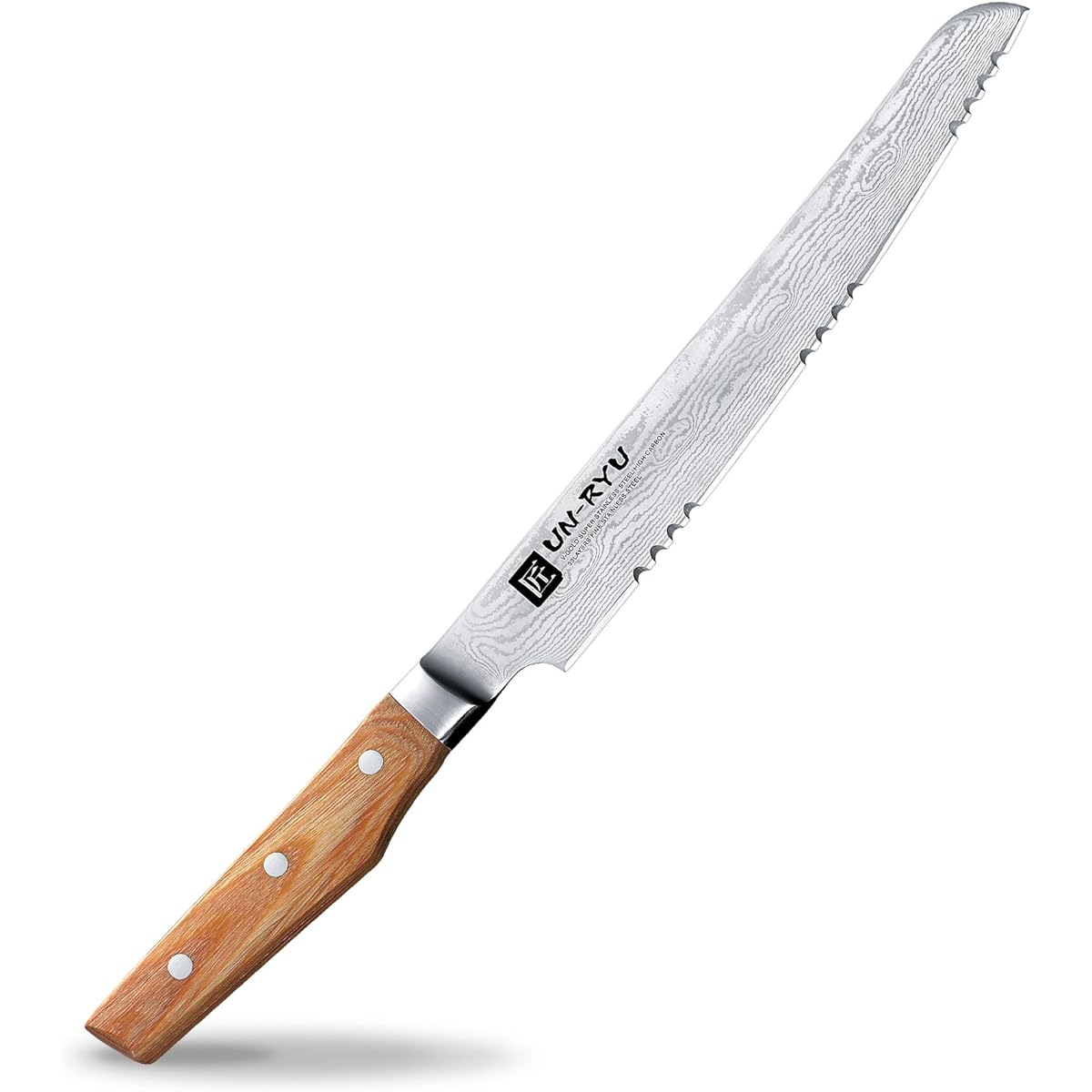 Shimomura Kougyou Made in Japan Unryu Bread Slicer Knife Damascus Steel 210mm VG - 10 33 Layers Cuts Fluffy Bread Cleanly UNR-06 Made in Niigata Tsubame-Sanjo