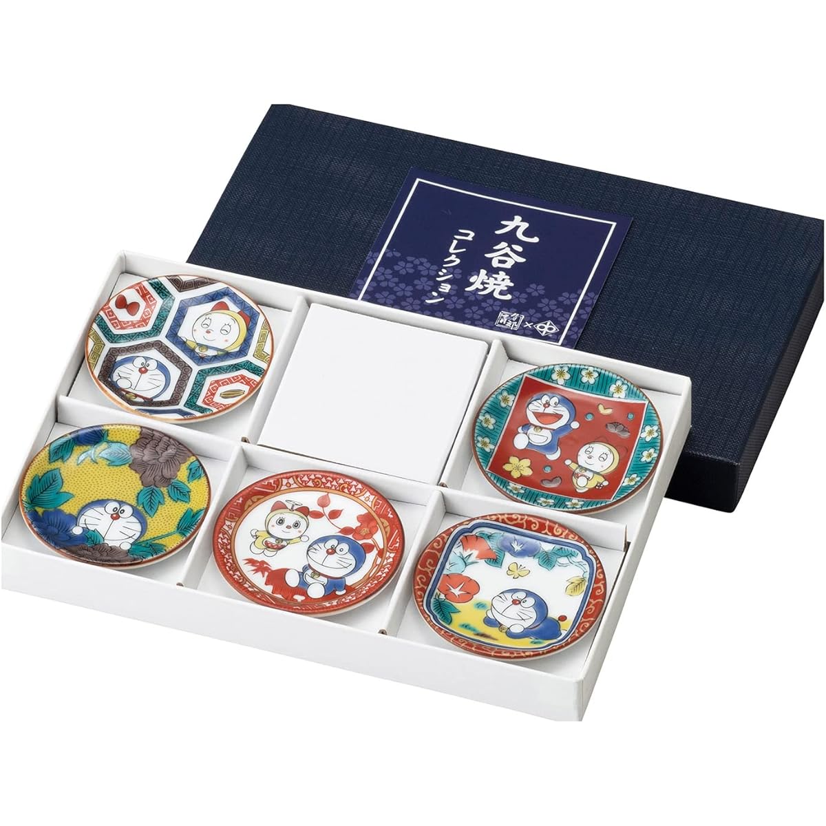 Kaneshotouki "Doraemon" Kutani ware plate, small plate, bean plate, approx. 6cm, different patterns, set of 5, soy sauce plate, Japanese tableware, microwave safe, made in Japan 008770