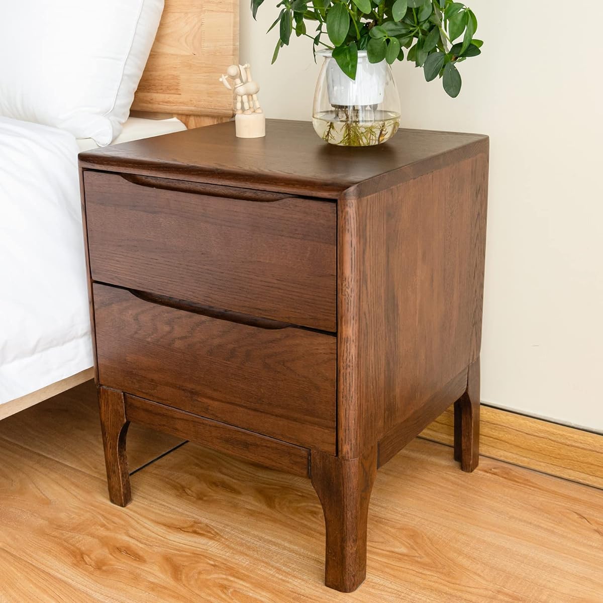 Cozeelife Side Table Cabinet Night Table Oak Wood with 2 Drawers Wooden Oak Easy to Assemble Bedside Storage Around Bed Scandinavian Stylish Modern Walnut Color Width 41cm x Depth 40cm x Height 50cm