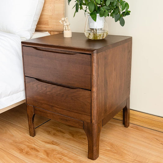 Cozeelife Side Table Cabinet Night Table Oak Wood with 2 Drawers Wooden Oak Easy to Assemble Bedside Storage Around Bed Scandinavian Stylish Modern Walnut Color Width 41cm x Depth 40cm x Height 50cm