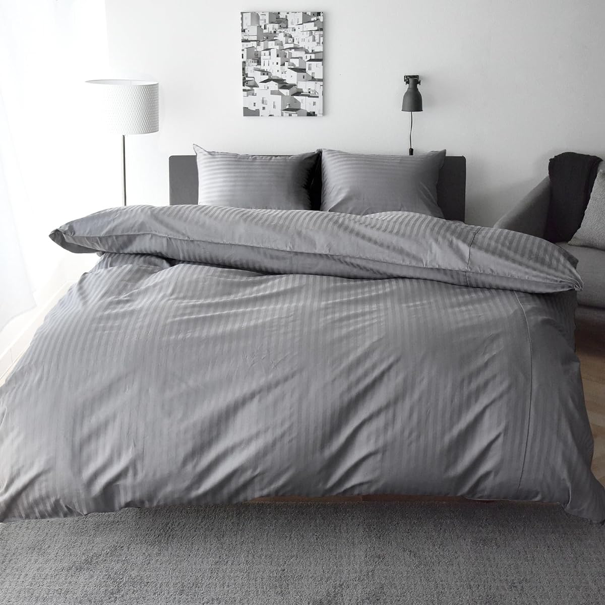 Made in Japan Duvet Cover King 100% Cotton Satin Stripe High Density Fabric 315 Pieces Mite Resistant Luxury Hotel Duvet Cover Scandinavian Stylish Cotton Throw Cover Etoile (King, Silver Gray)