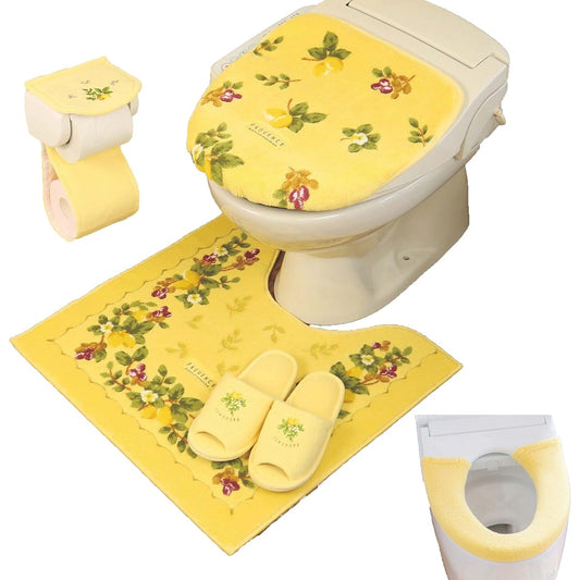 Pro Vider Provence Toilet Mat 5-piece Set Scandinavian (58 x 60cm Toilet Mat + Washing and Heating Type Toilet Seat Cover + Common Lid Cover + Slippers + Paper Holder Cover) Yellow