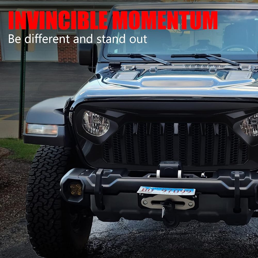 DKMGHT Front grill glossy black grilled grid jeplangler JL JLU 2018, 2019, 2020, 2022 Geeprangler JT (glossy blackfury)