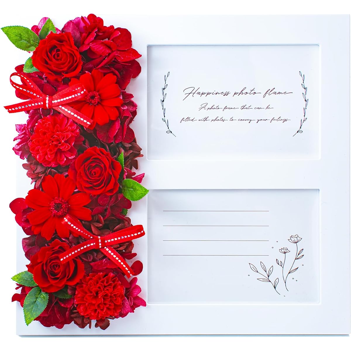 Photo Frame, Preserved Flower Photo Frame, Multiple Pictures, Stylish, Mother's Day, Wedding Gift, Birthday Present, Gift, Wedding Anniversary, Wife, Flower Present, Clear Case, 22.5cm x 23cm, L Version, 2 Pieces (Ribbon Rose, Red)