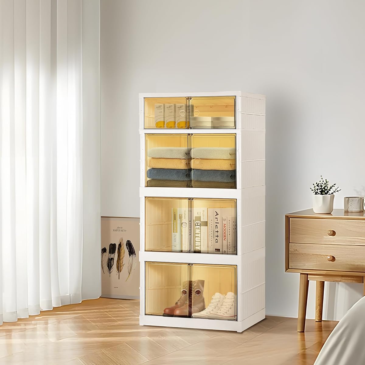 [2024 New Model] Home Bliss Storage Box, Folding Door Storage Case, Clothes, Space Saving, Installation without Tools, Double Doors, Translucent, Comes with Casters, Kimono/Accessories/Sweets, Home/Office Use, 4 Layers (44*34*109 cm, 160L)