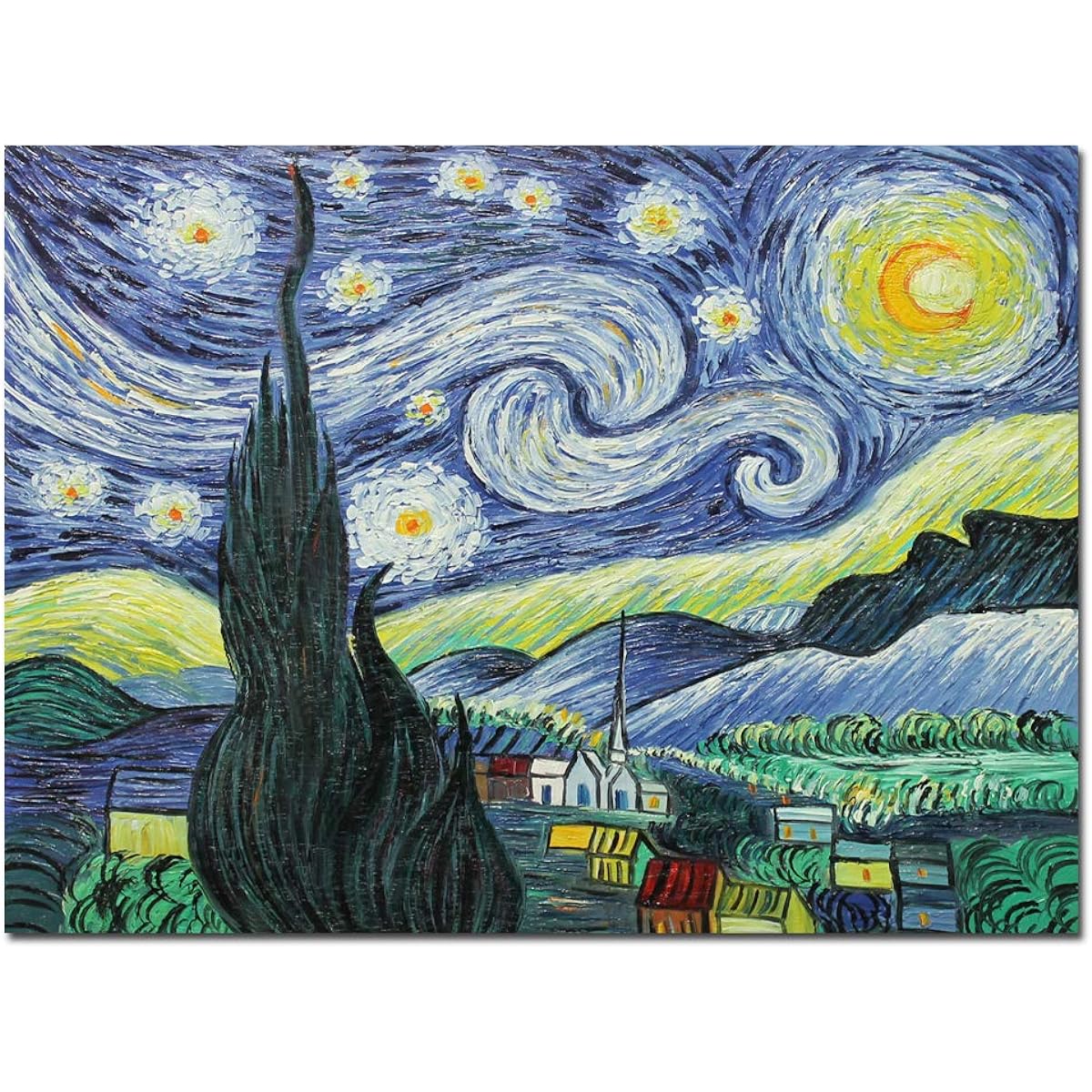Fokenzary Hand Painted Oil Painting on Canvas Vincent Van Gogh Starry Night Reproduction Wall Decoration Framed Ready to Hang 60x80cm