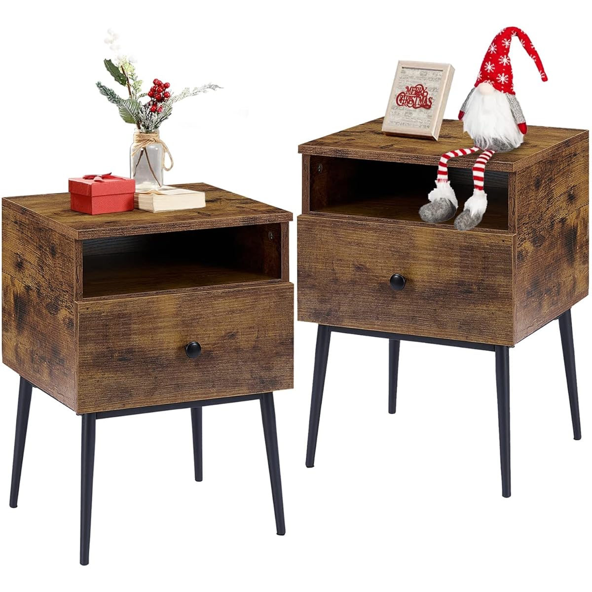 VECELO Side Table, Night Table, Bedside Table, Antique Brown, Width 40 x Depth 35 x Height 55 cm, With Drawer, Storage Shelf, Next to Bed, Next to Sofa, Stylish [Regularly Imported from Japan]