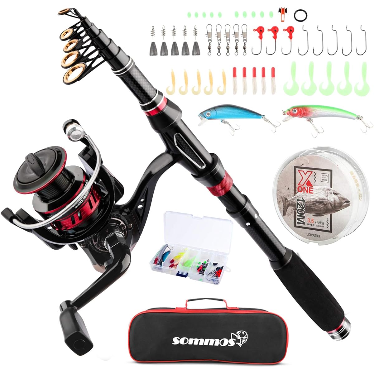 Fishing Set, 2.1m Fishing Rod Set, Japanese Beginner's Guide Included, Carbon Road, Spinning Reel, 52 Pieces Fishing Bait, Fishing Hook Set, Fishing Line, Storage Bag Included, Sea Fishing, River Fishing, Freshwater Fishing, EVA Handle, Beginner Sommos
