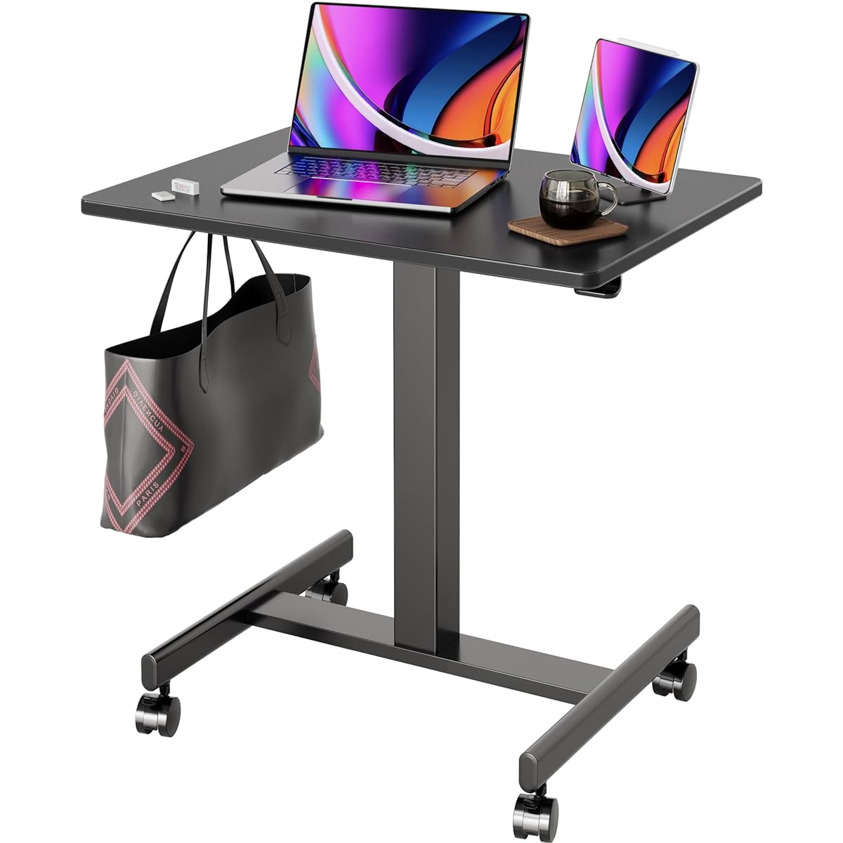 Claiks Height Adjustable Desk, Gas Pressure, Standing Desk, Height Adjustable Table, Width 65cm x Depth 48cm, Telework, Office Desk, Work from Home, Computer Desk, Height Adjustable, Cassette Included, Black Frame/Black Top