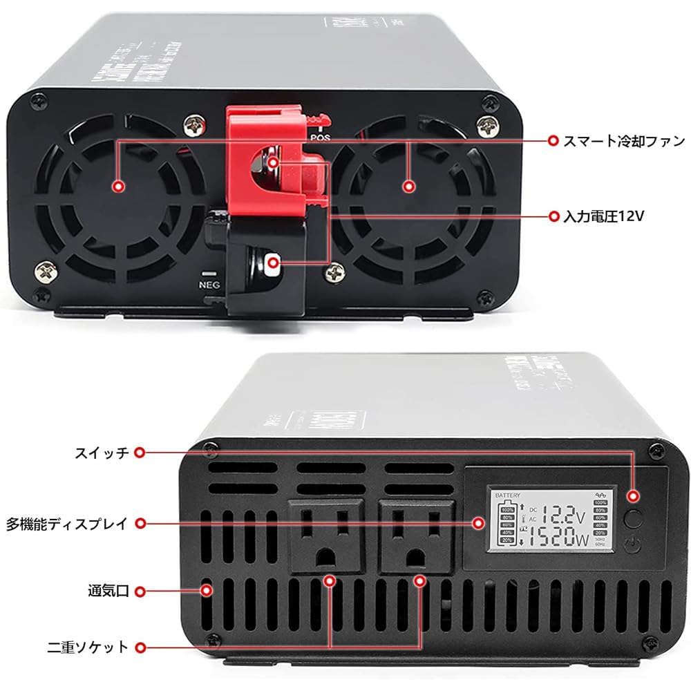 STANVEE Inverter 12V 100V 1500W Sine Wave 60Hz Remote Control Included AC Outlet x 2 Cooling Fan x 2 Car Inverter Disaster Prevention Disaster Prevention Supplies Camping Outdoor