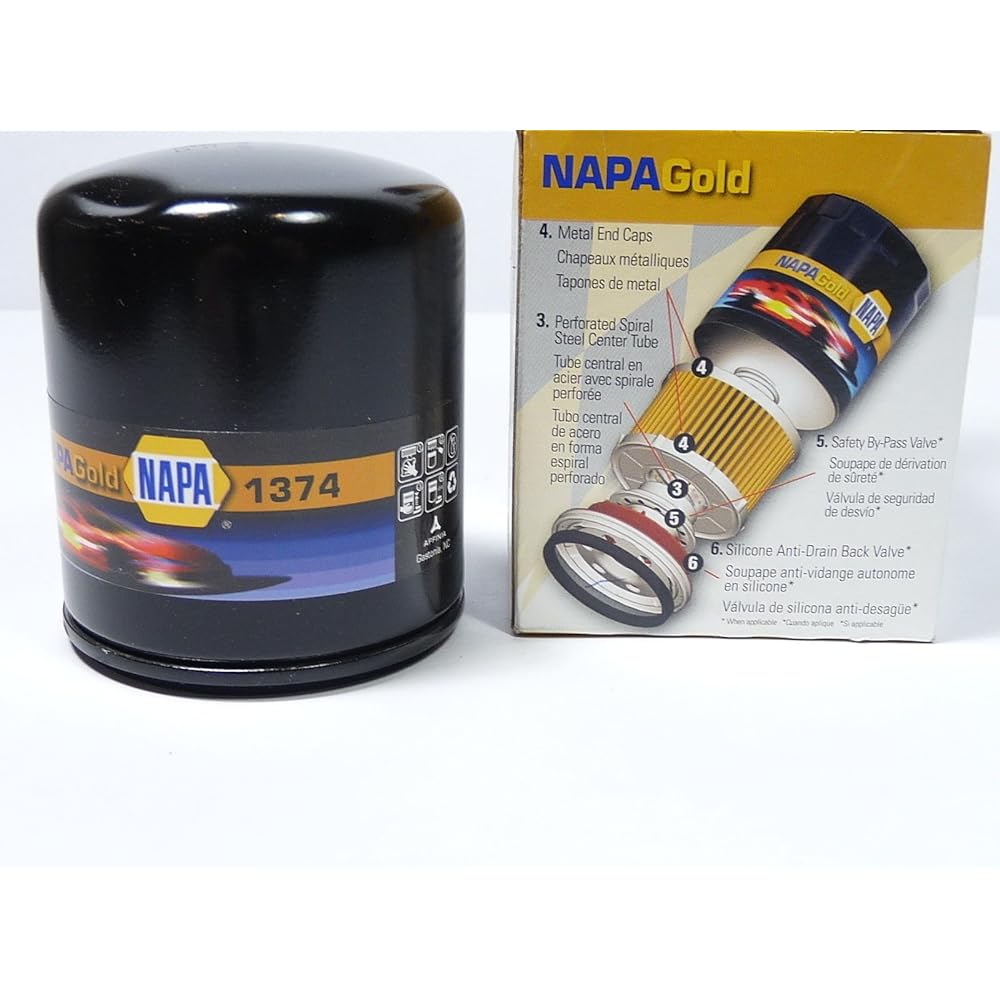 NAPA FILTERS 1374 21 microns, 385PSI burst pressure, 2.966 inch outer diameter, 3.529 inch height, 7-9 GPM flow rate, spin-on oil filter, 2/20 = 6/2 Beta ratio, gold, oil filter.