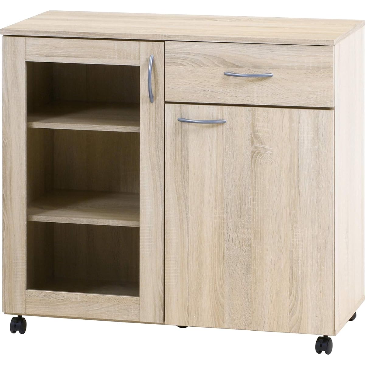 Fuji Boeki Cupboard Cabinet Kitchen Storage Width 90 x Depth 39.8 x Height 84 cm Antique White Wood Grain with Casters 99903
