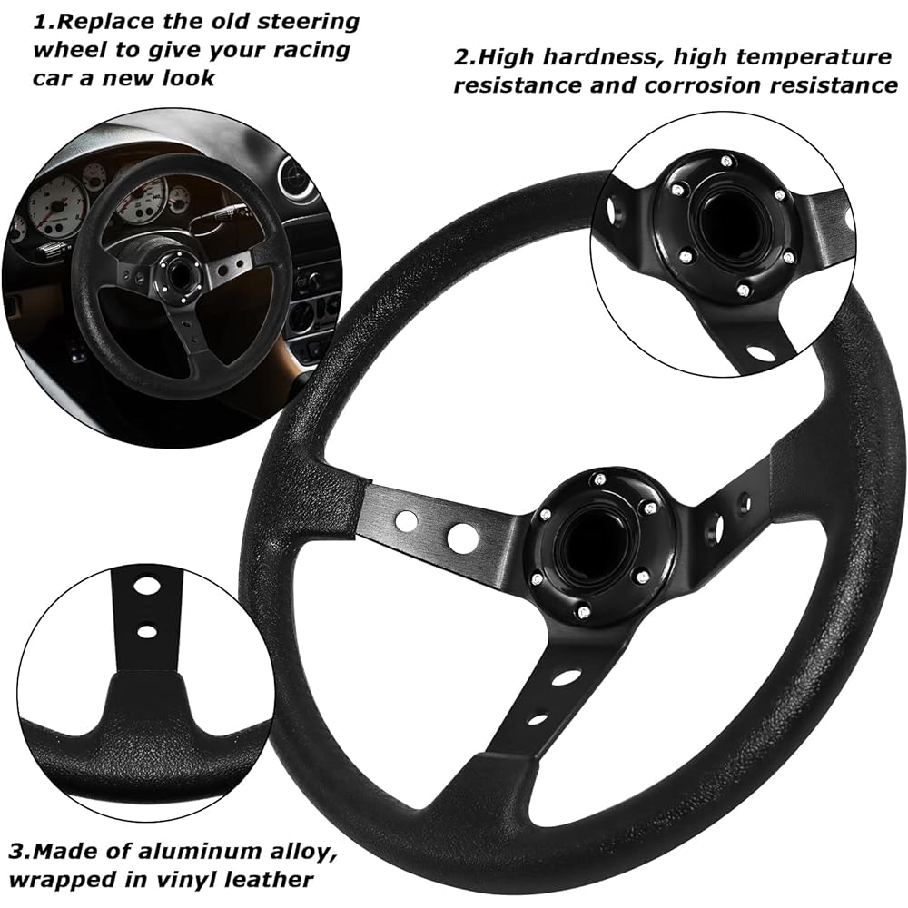 MOTAFAR Universal Racing Steering Wheel 13.6 inch 6 Bolt Grip Vinyl Leather Deep Dish Horn Race/Rally/Motor Sports (Black)