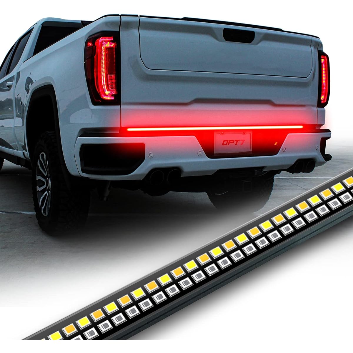 OPT7 60 -inch red line 2 row LED tail gate light bar amber with winker -resistant, hard -resistant aluminum frame truck Light bar drill No need for full function brake running reverse flashing light