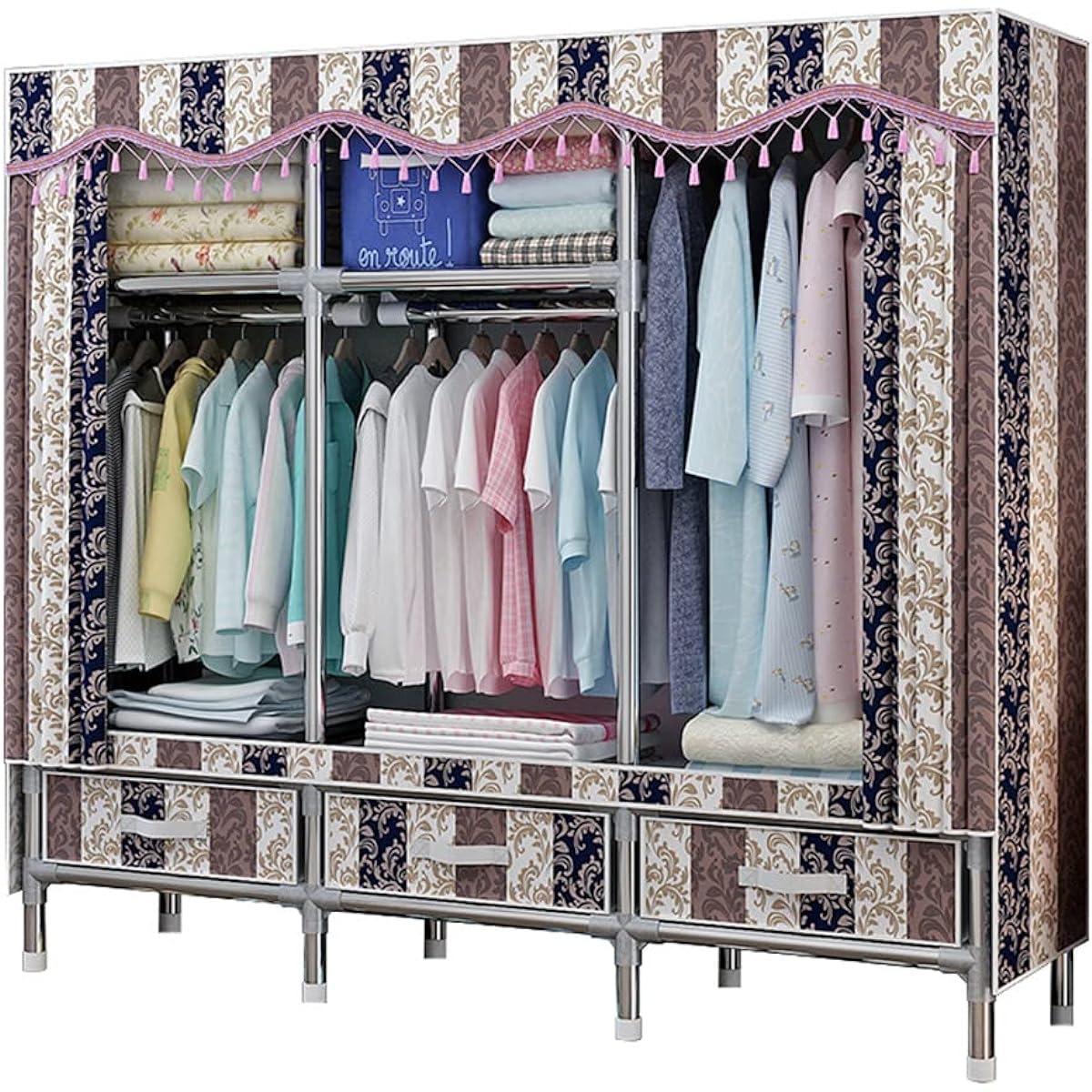 SUKIZUKI Wardrobe with Cover, Closet with 3 Drawers, Fringe Style Curtain, Large Capacity Storage, Assembly Type, Metal Rack, Steel Interface, Stylish, Sturdy, Dustproof, Width 150CM x Depth 45CM x Height 168CM, Brown